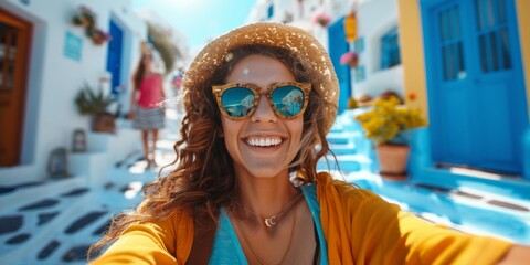 Latin tourist fun taking a selfie in streets of Santorini