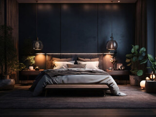 Modern bedroom in dark shades with a wall of lights