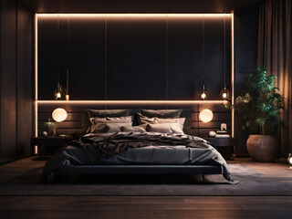 Modern bedroom in dark shades with a wall of lights
