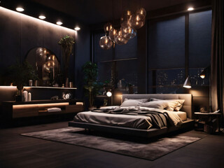 Modern bedroom in dark shades with a wall of lights