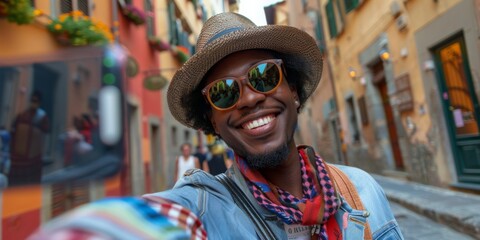 Obraz premium Latin tourist fun taking a selfie in streets of Toscana 