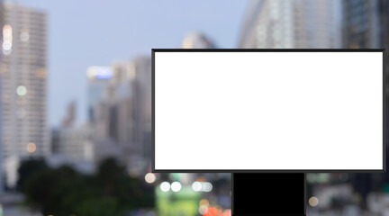 mock up billboard with frame on blur background of modern city with commercial and office buildings for announcements and advertisement marketing concept
