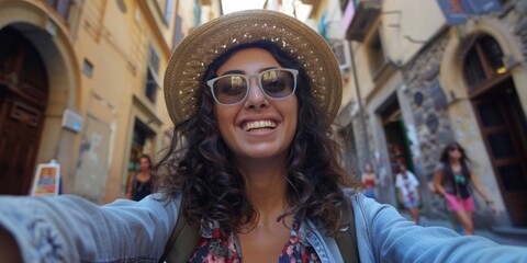 Fototapeta premium Latin tourist fun taking a selfie in streets of Toscana 