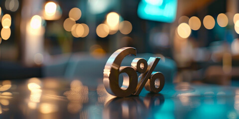 6  percent off. discount number "6%" mede of metalic, on a table, blurred background