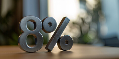 8 percent off. discount number "8%" mede of metalic, on a table, blurred background