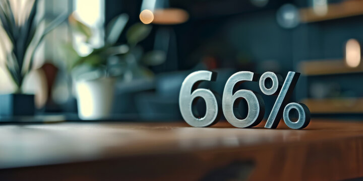 66 percent off. discount number "66%" mede of metalic, on a table, blurred background