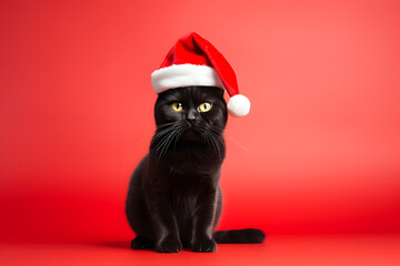 Cat in Santa Hats, Isolated on a Festive Red Background.