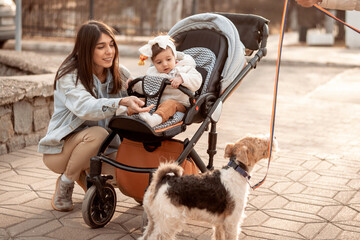 Happy Caucasian young woman walking in the park with her one-year-old daughter in buggy.The child...