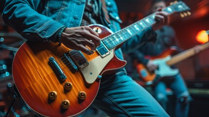 Music band group perform on a concert stage. Guitarist on stage for background, soft and blur concept. Music band performing in a recording studio 