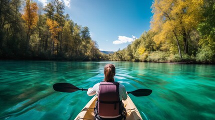 Woman in a kayak exploring the serene waters of a lake her adventurous spirit guided by the gentle currents