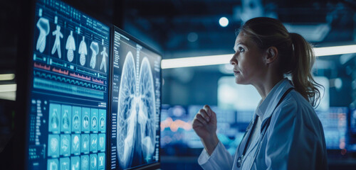 
Doctor analyzes lung health diagnostics on a monitor in a high-tech medical research facility, showcasing advanced technology for treating respiratory conditions