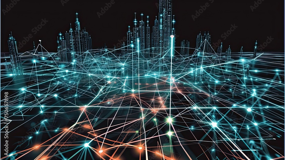 Wall mural technology or technical data, the concept of a network connection to the internet in a city abstract