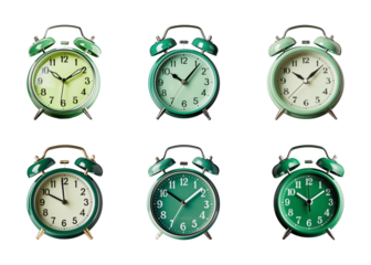 Collection of green alarm clock isolated on a transparent background, PNG