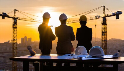 people with hardhat in front a construction site, architects and engineers, people in teamwork, meeting in office at sunset