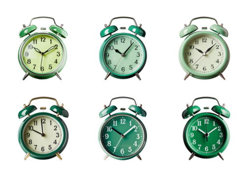 Collection of green alarm clock isolated on a transparent background, PNG