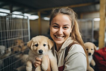 Woman volunteering at an animal shelter her compassion making a difference in the lives of forgotten pets - obrazy, fototapety, plakaty