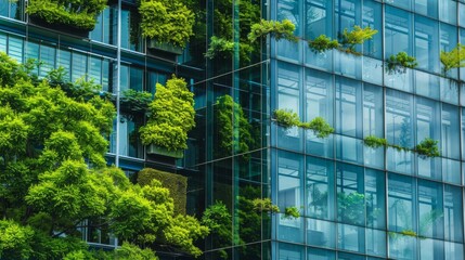 Reflecting greenery, a corporate glass building symbolizes ESG principles, advocating sustainability integration into business practices.
