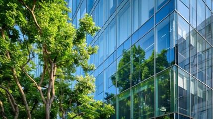 Reflecting greenery, a corporate glass building symbolizes ESG principles, advocating sustainability integration into business practices. - obrazy, fototapety, plakaty