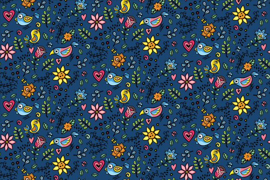 Seamless pattern of doodle birds, vector illustration hand drawn