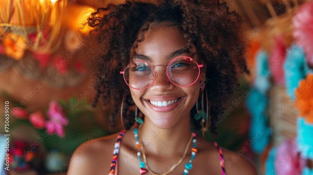 Canvas Prints Portrait of beautiful afro young woman in swimsuit and sunglasses having fun on summer beach party