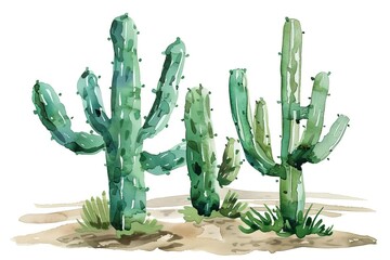 Cactus standing alone on a white background amidst a desert landscape under a blue sky