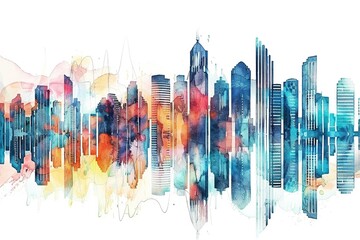 Urban Skyline Splashed with Abstract Grunge: Cityscape Illustration in Vibrant Sunset Light - obrazy, fototapety, plakaty