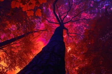 trees with leaves glowing in shades of red, orange, and purple, filtering the light of the red night sky.