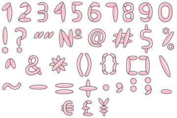 Pink 3d Bubble Symbols big set isolated white background. Numbers in air Balloon style. Money symbol. Font template. Vector illustration can used web social media design. EPS 10 Editable stroke