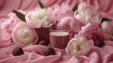 Romantic, beautiful, delicate background with flowers and chocolate for Valentine's Day, birthday, wedding. Spring background with flowers.