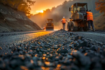 Asphalt road construction site with heavy machinery and workers at work.