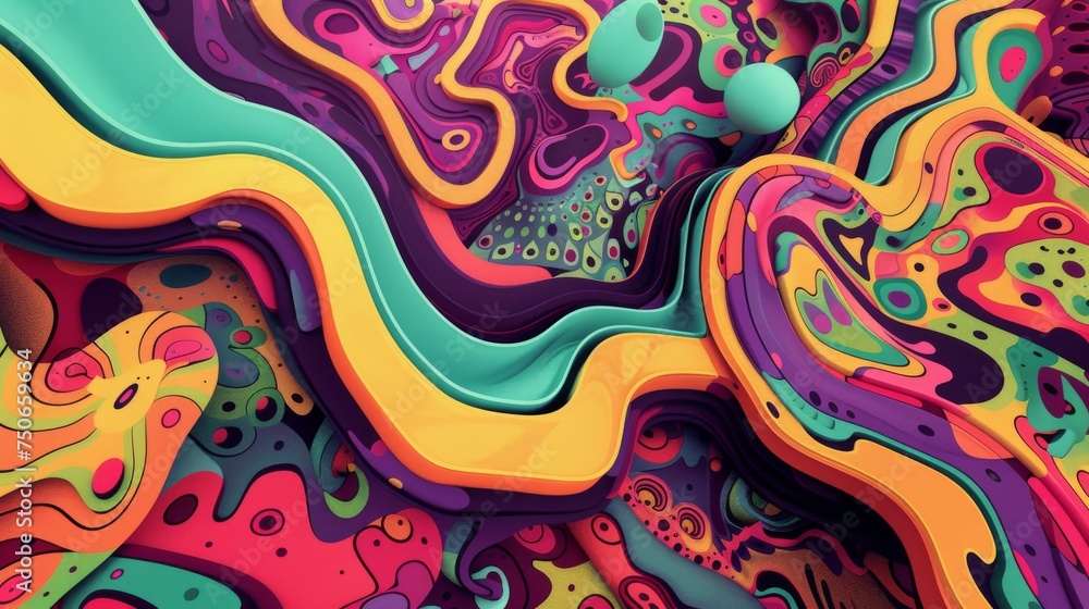 Poster abstract graphic design featuring a vibrant fusion of swirls and wavy patterns in an explosion of co