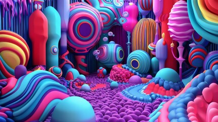 Colorful fantasy landscape with surreal candy-like structures, evoking a playful and imaginative scene.