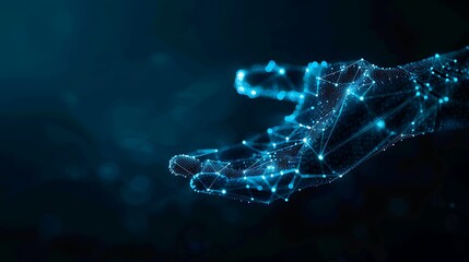 Digital hand hologram on dark background with copy space. Neural network connection.