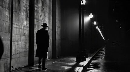 Monochrome image of a lone man in a fedora and trench coat on a wet, reflective street, illuminated by streetlights in a classic noir setting.