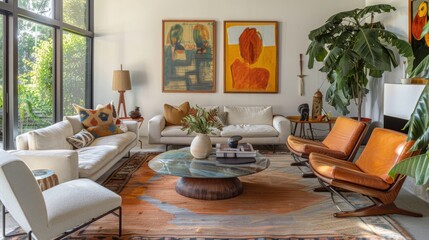 Mid-century modern living room with eclectic decor, featuring leather chairs, vibrant art, and a mix of textures and colors, bathed in natural light.