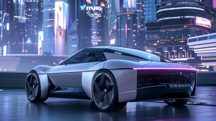 A concept electric sports car stands out with its sleek design against the vibrant neon lights of a futuristic cybercity at night.
