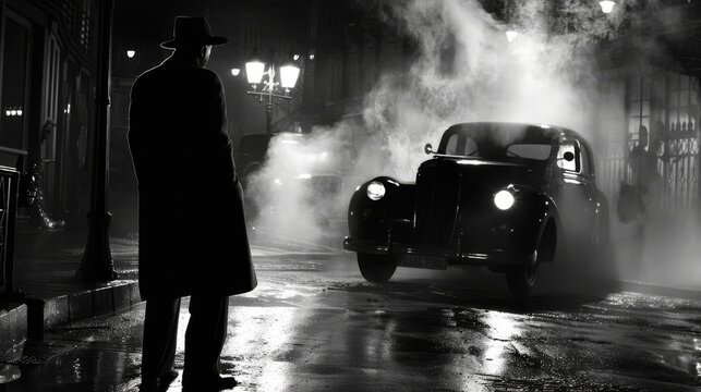 Black and white noir scene featuring a silhouette of a mysterious man in a hat and a vintage car amidst street fog.