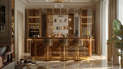 A sophisticated residential bar corner boasting gilded accents, mirrored shelving with a curated selection of fine liquors, and luxurious bar stools in a grandiose room with high ceilings.