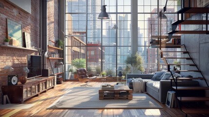 Fototapeta premium A bright and spacious urban loft apartment featuring high ceilings, exposed brick walls, and large windows offering panoramic views of the city skyline.
