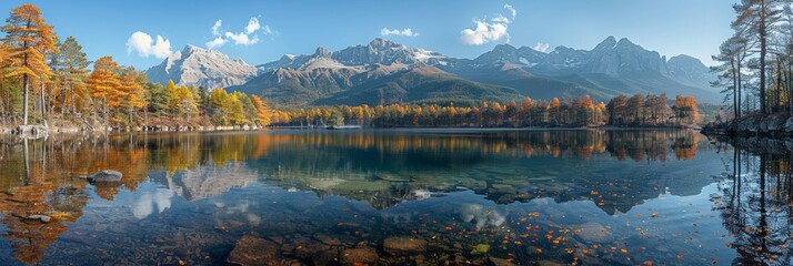 Immerse yourself in the breathtaking beauty of autumn landscape, where colorful foliage paints the mountainside and tranquil lakes reflect the majestic peaks. - obrazy, fototapety, plakaty