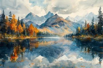 Gordijnen Watercolor illustration of mysterious and serene landscape with mist-covered lake, towering mountains, and eerie twilight ambiance. © Andrii Zastrozhnov