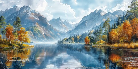 Watercolor illustration of serene autumn landscape with mist-covered lake, dense forest, and towering mountains. - obrazy, fototapety, plakaty