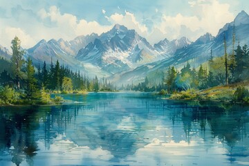Fototapeta premium Watercolor illustration of serene mountain landscape in with a tranquil lake, misty mornings, and inspiring wilderness.