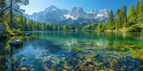 A picturesque alpine scene with lush forests, stunning mountains, and the reflective beauty of Lake.