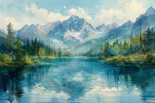 Watercolor illustration of serene mountain landscape in with a tranquil lake, misty mornings, and inspiring wilderness.