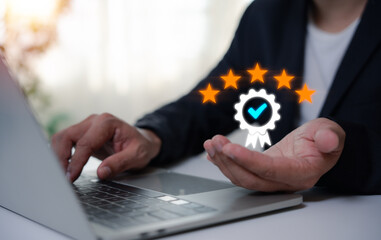 Businessman hand shows sign of top service Quality assurance 5 stars, Guarantee, Standard....