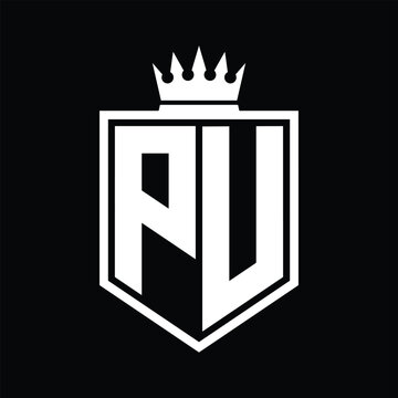 recommend clip art: PU Logo monogram bold shield geometric shape with crown outline black and white style design