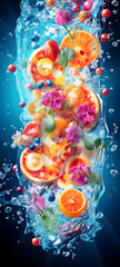 water pizza with lots of toppings shaped wallpaper design abstract organic colorful background 9:20, ai generative