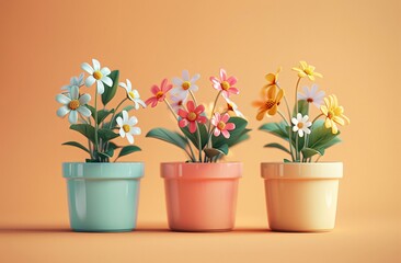 A few colorful 3D flower pots on a tan surface.