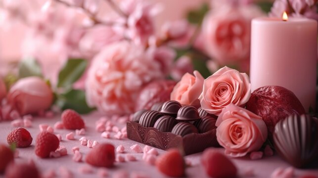 Romantic, beautiful, delicate background with flowers and chocolate for Valentine's Day, birthday, wedding. Spring background with flowers.